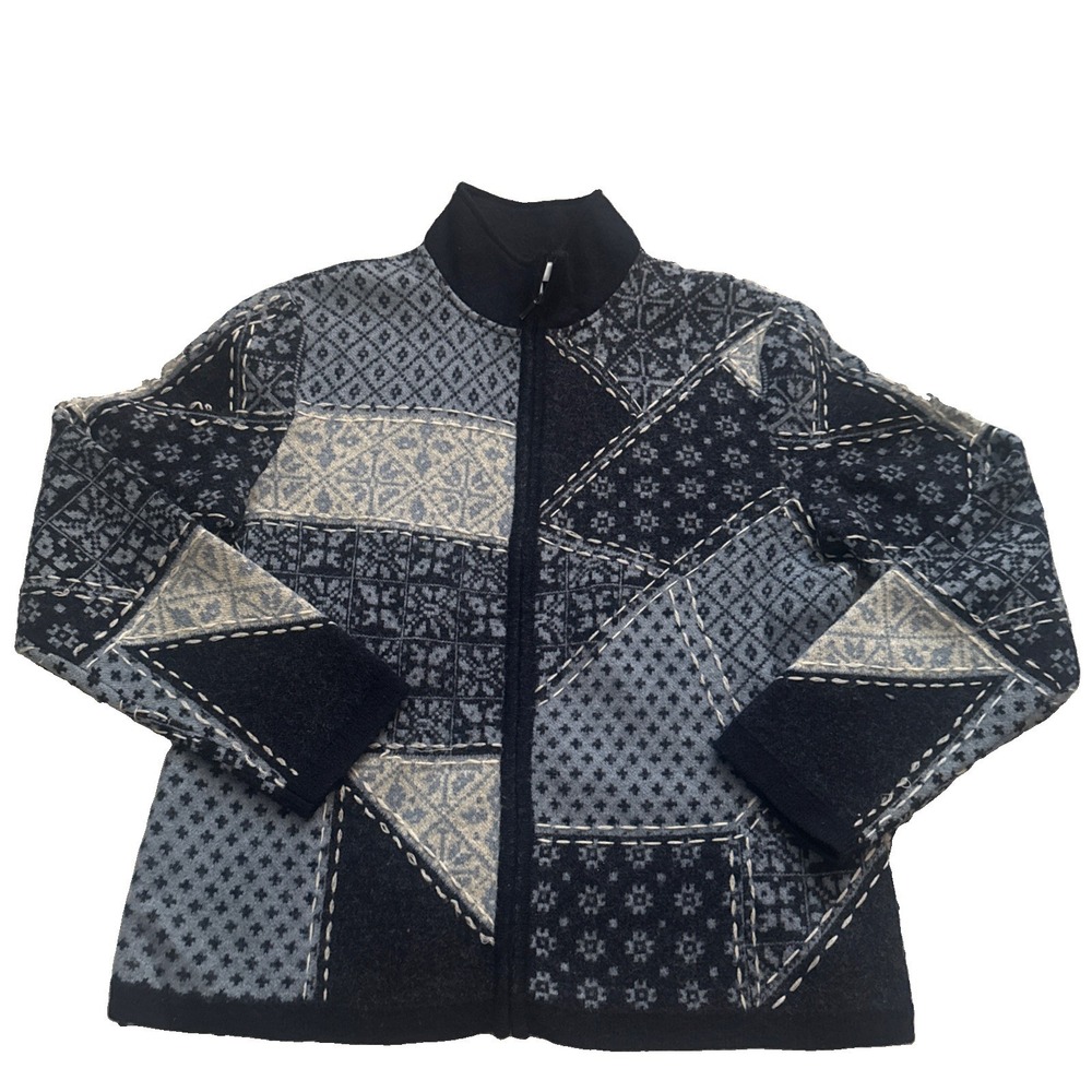 Talbots Sweater Blue Sz M Zip Wool Cardigan Nordic Womens Patchwork Cottage Read